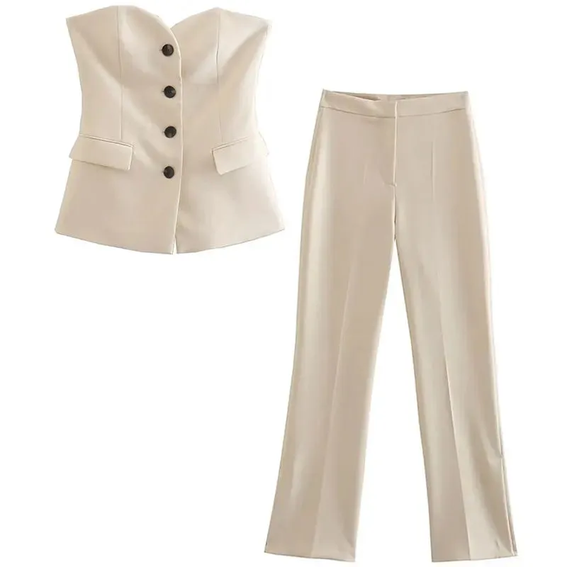 A&A Strapless Button Straight Leg Pant Suit