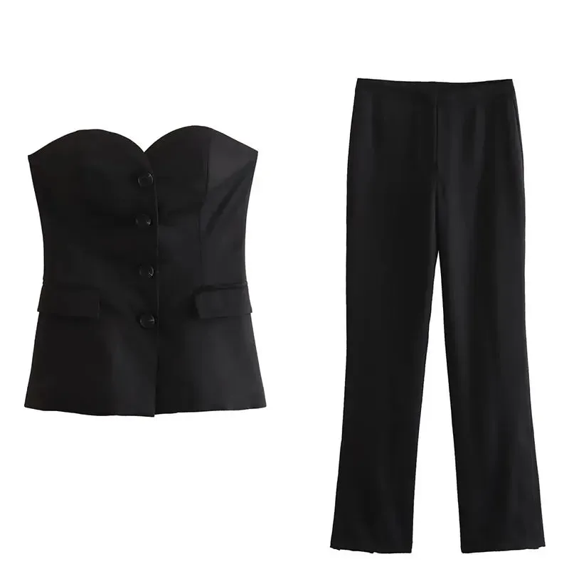 A&A Strapless Button Straight Leg Pant Suit