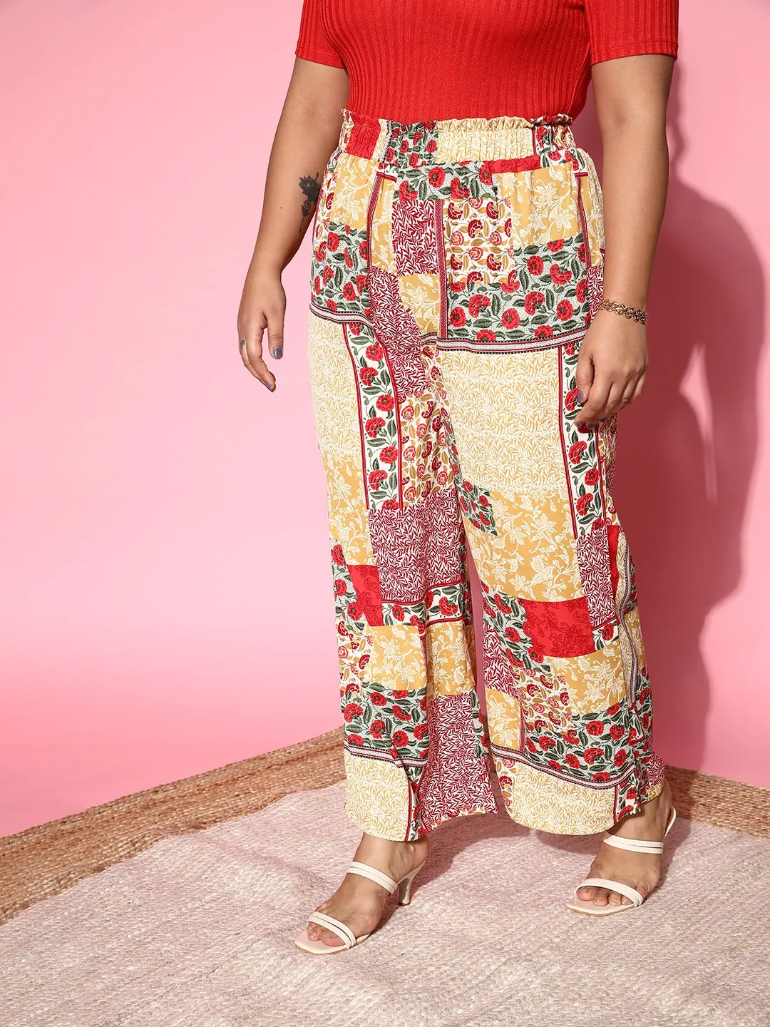 Berrylush Women Plus Size Red Ethnic Motifs Printed High-Rise Waist Pleated Roman Column Trousers