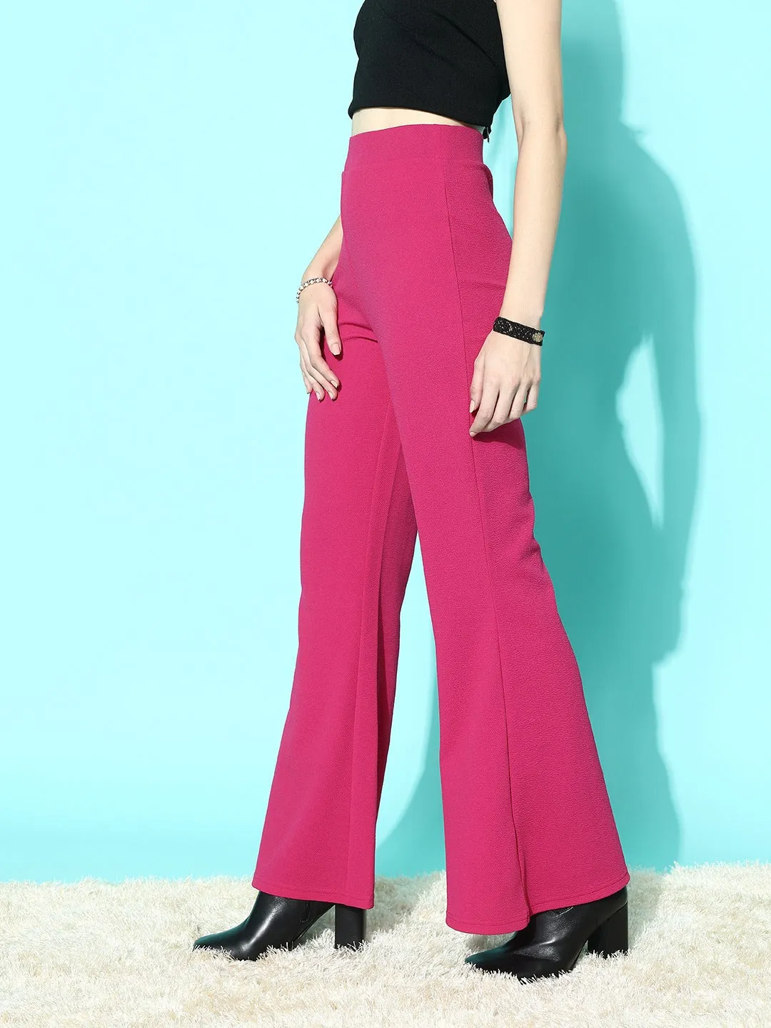 Berrylush Women Solid Pink High-Rise Waist Slip-On Flared Regular Trousers