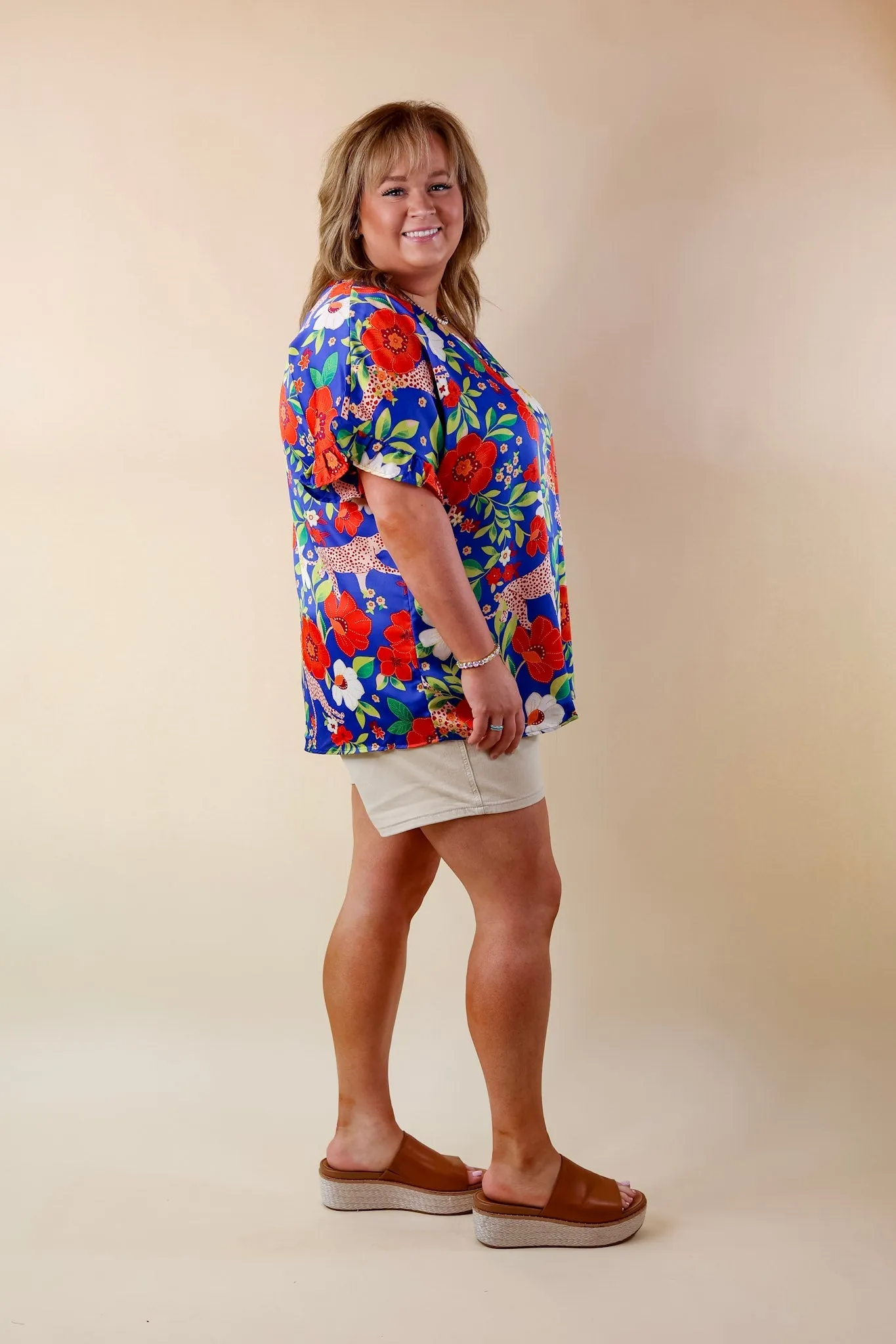 Best Version Floral and Cheetah Print V Neck Top with Ruffle Short Sleeves in Blue