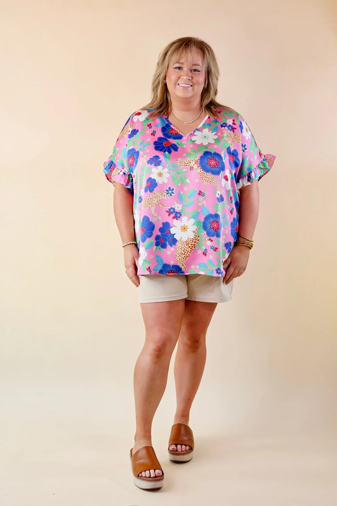 Best Version Floral and Cheetah Print V Neck Top with Ruffle Short Sleeves in Pink