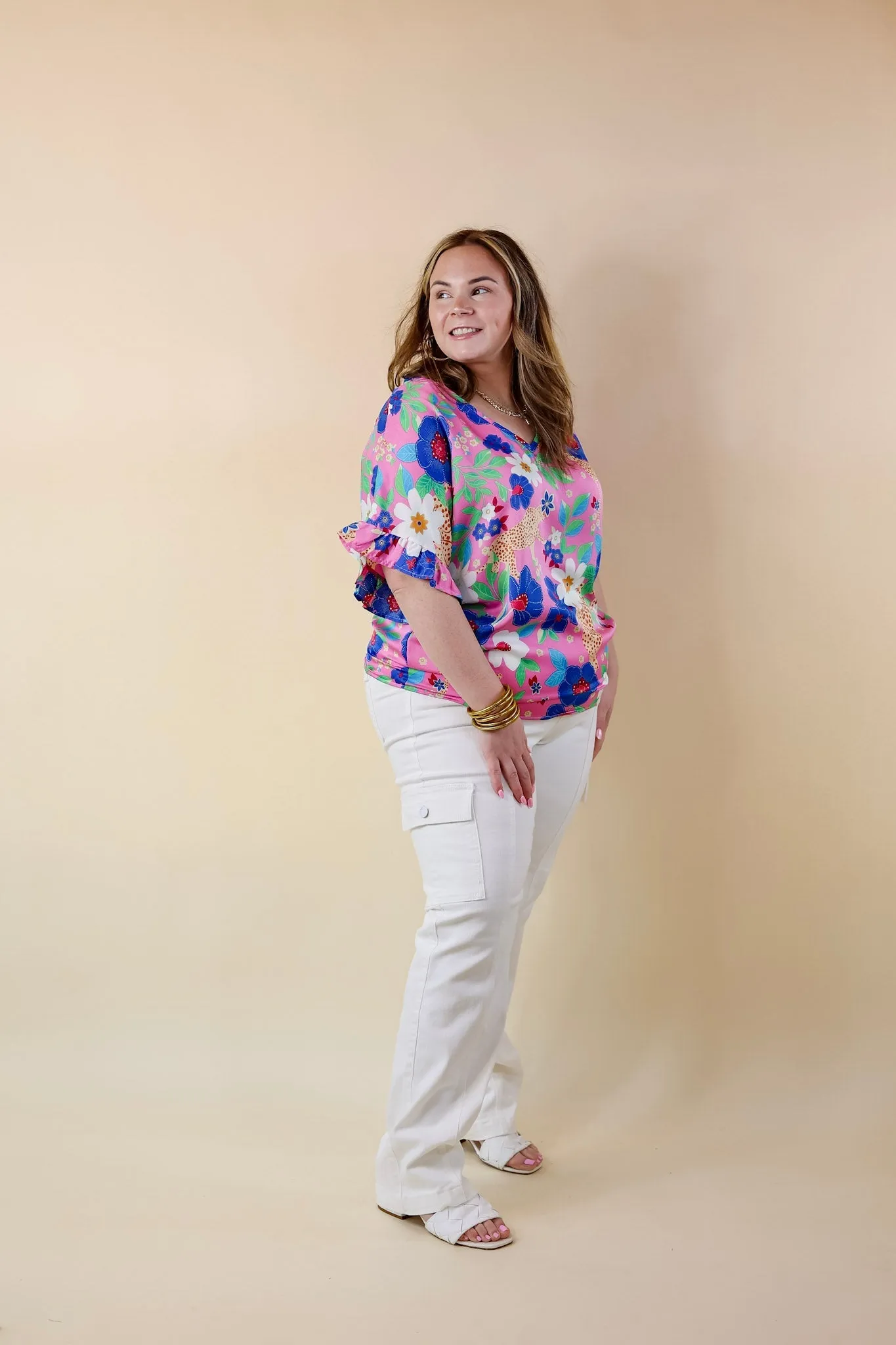 Best Version Floral and Cheetah Print V Neck Top with Ruffle Short Sleeves in Pink