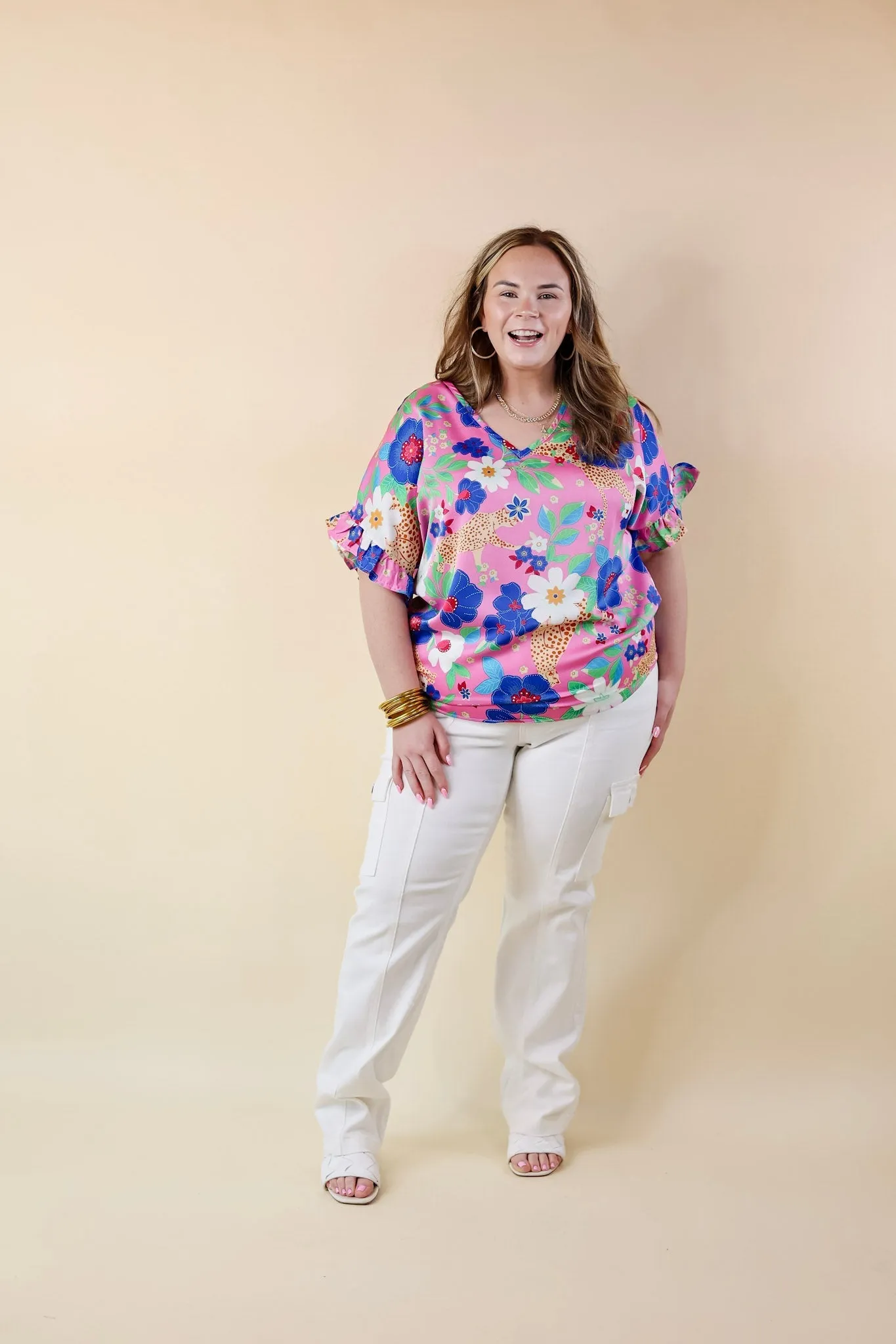 Best Version Floral and Cheetah Print V Neck Top with Ruffle Short Sleeves in Pink