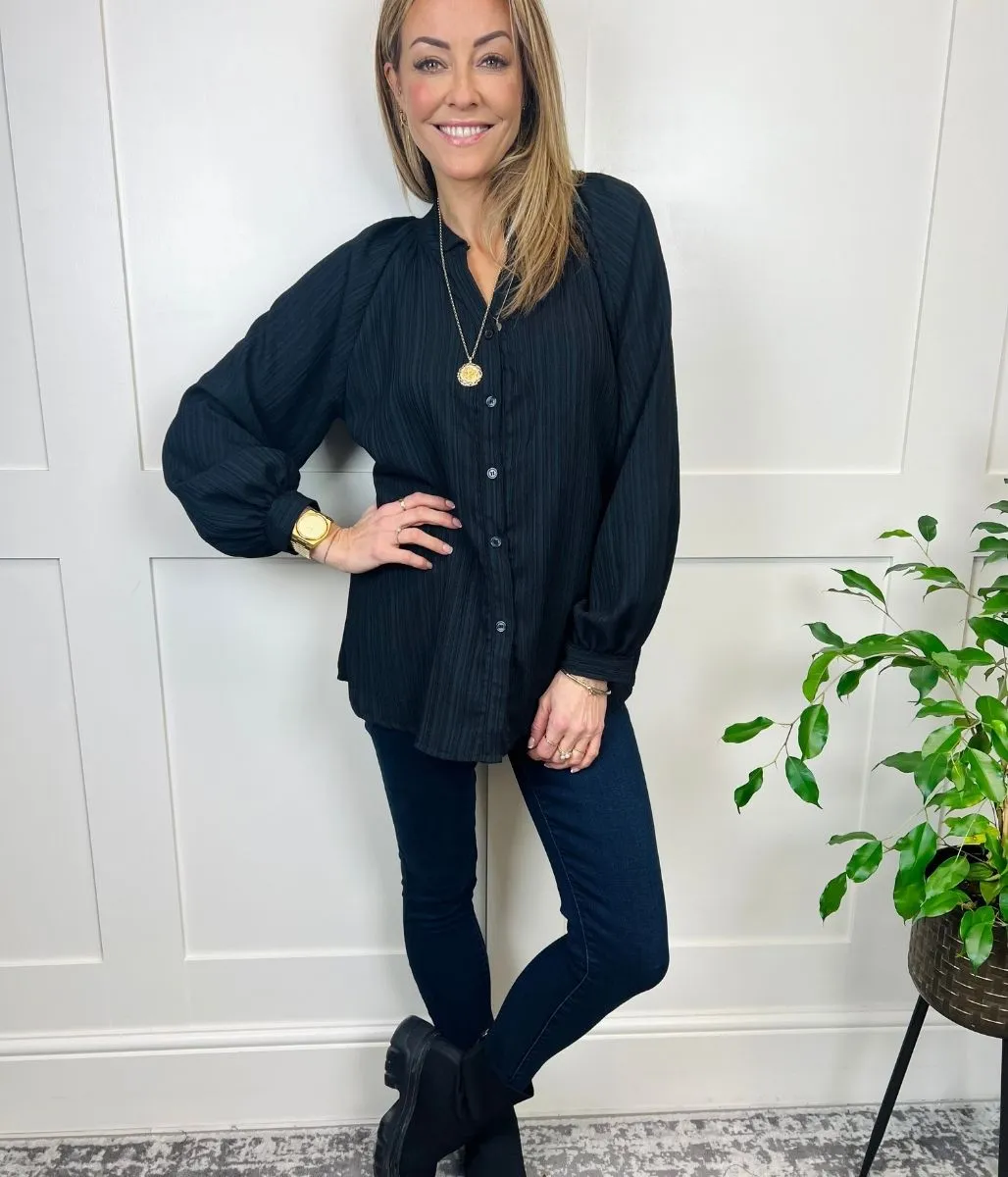 Black Crinkle Balloon Sleeve Blouse