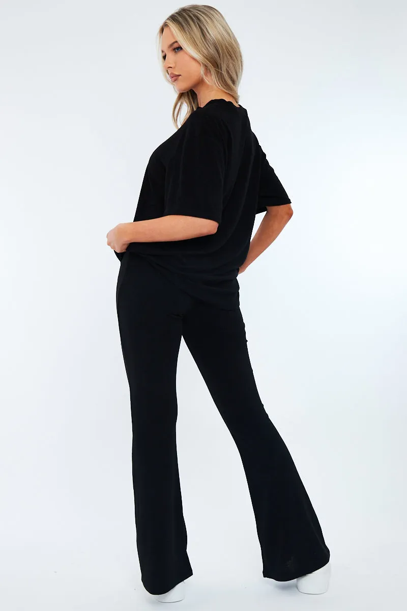 Black Towelling T- Shirt & Flare Trouser Set - Tania