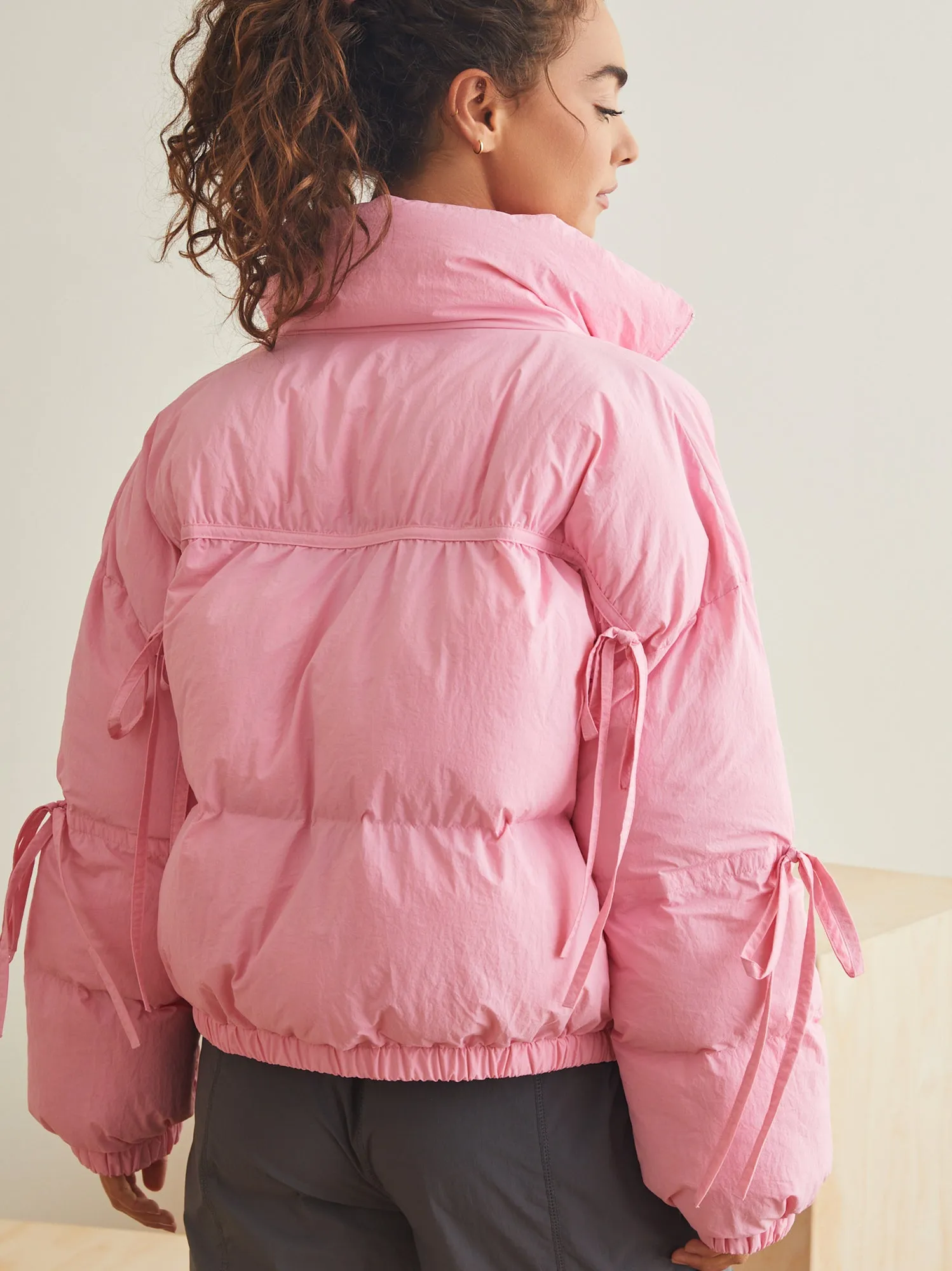 Bow Sleeve Puffer Jacket | Warm Pink