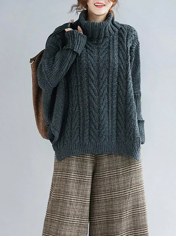 Cable- Knit High-neck Solid Loose Sweater