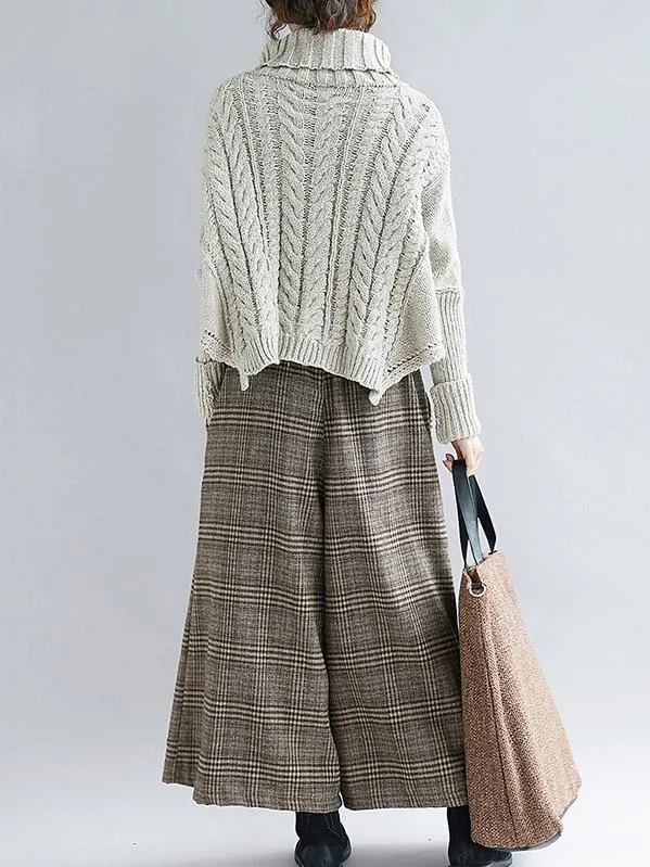 Cable- Knit High-neck Solid Loose Sweater