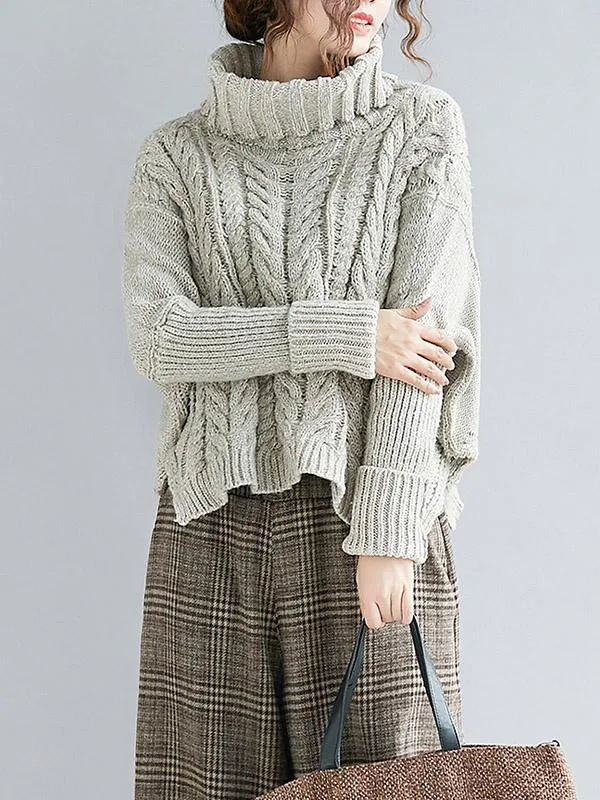 Cable- Knit High-neck Solid Loose Sweater