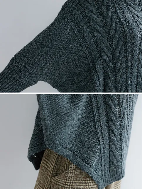 Cable- Knit High-neck Solid Loose Sweater