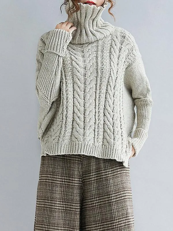 Cable- Knit High-neck Solid Loose Sweater