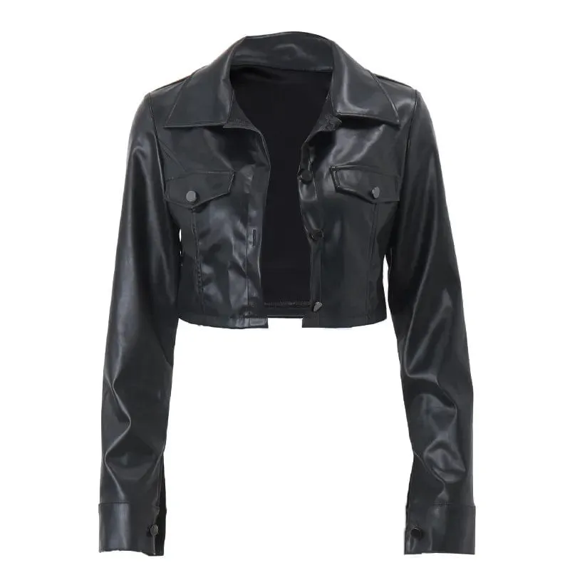 Chic Short Faux Leather Jacket Turn-down Collar Fashion Button Decoration PU Coat