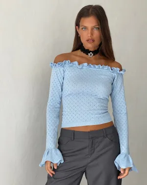 Delaney Knitted Frill Bardot Top in Baby Blue