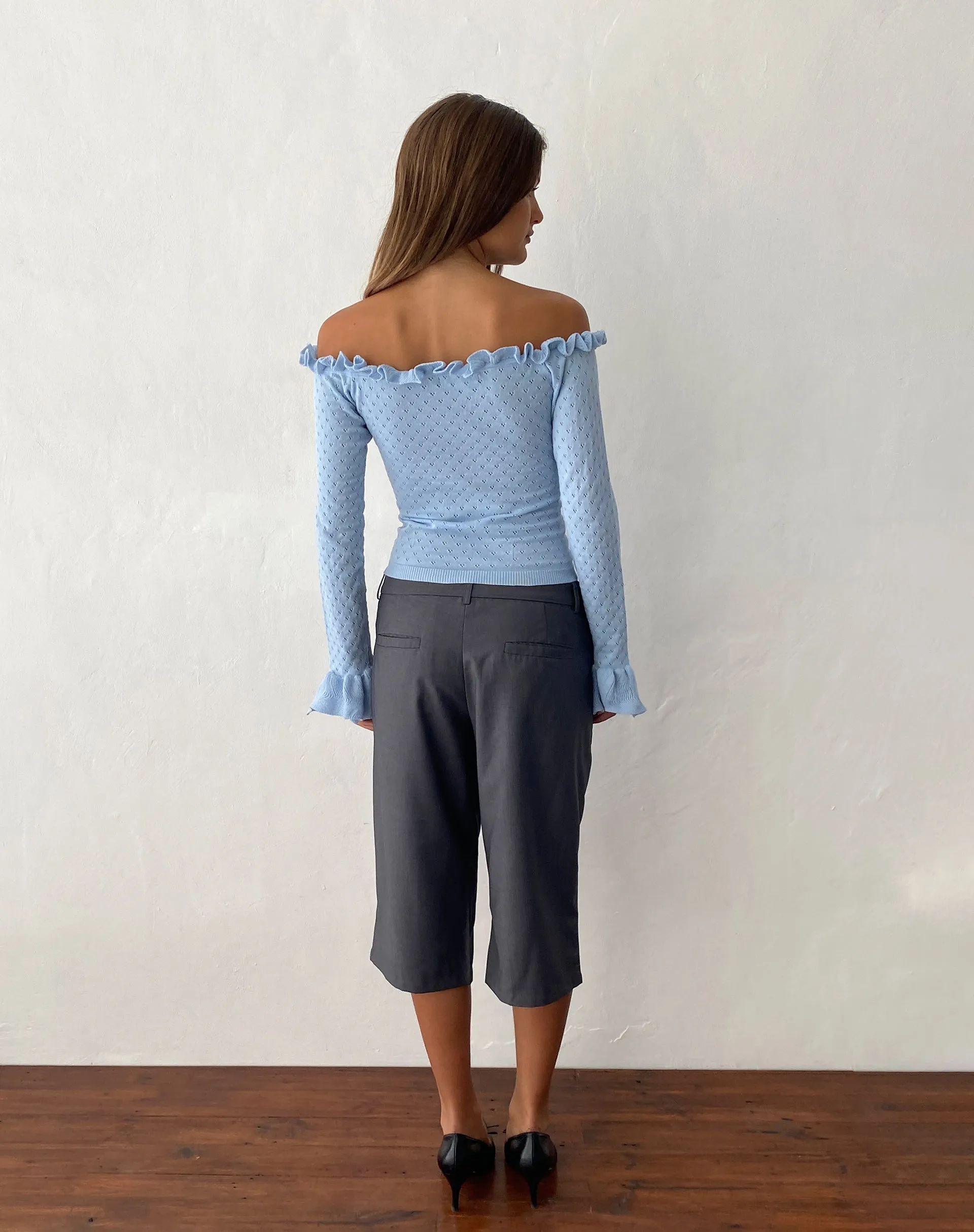 Delaney Knitted Frill Bardot Top in Baby Blue