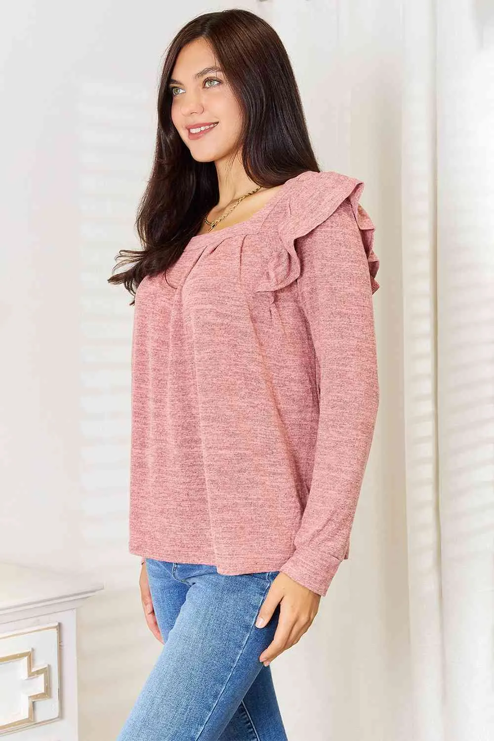 Double Take Square Neck Ruffle Shoulder Long Sleeve T-Shirt - 2 Colors