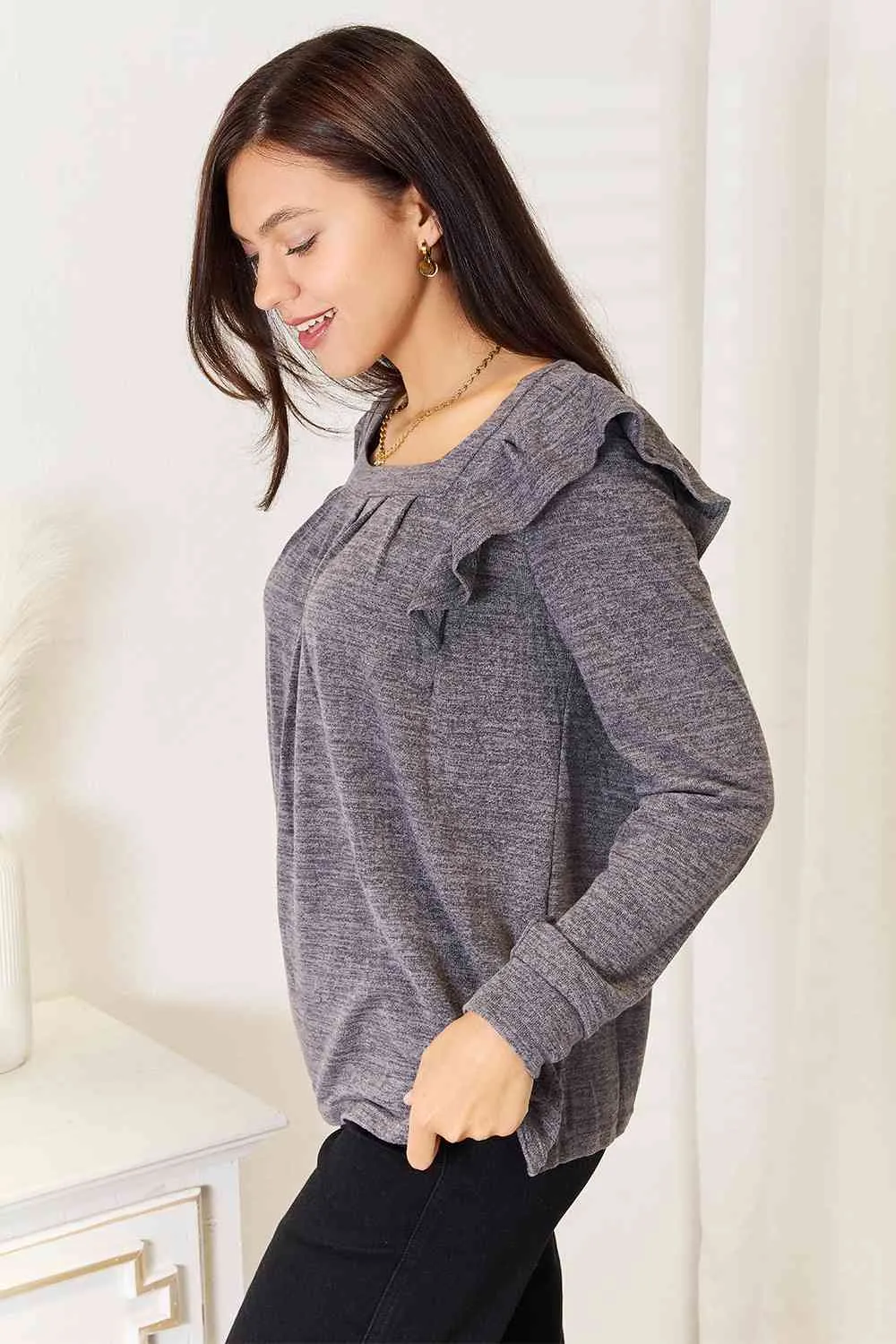 Double Take Square Neck Ruffle Shoulder Long Sleeve T-Shirt - 2 Colors