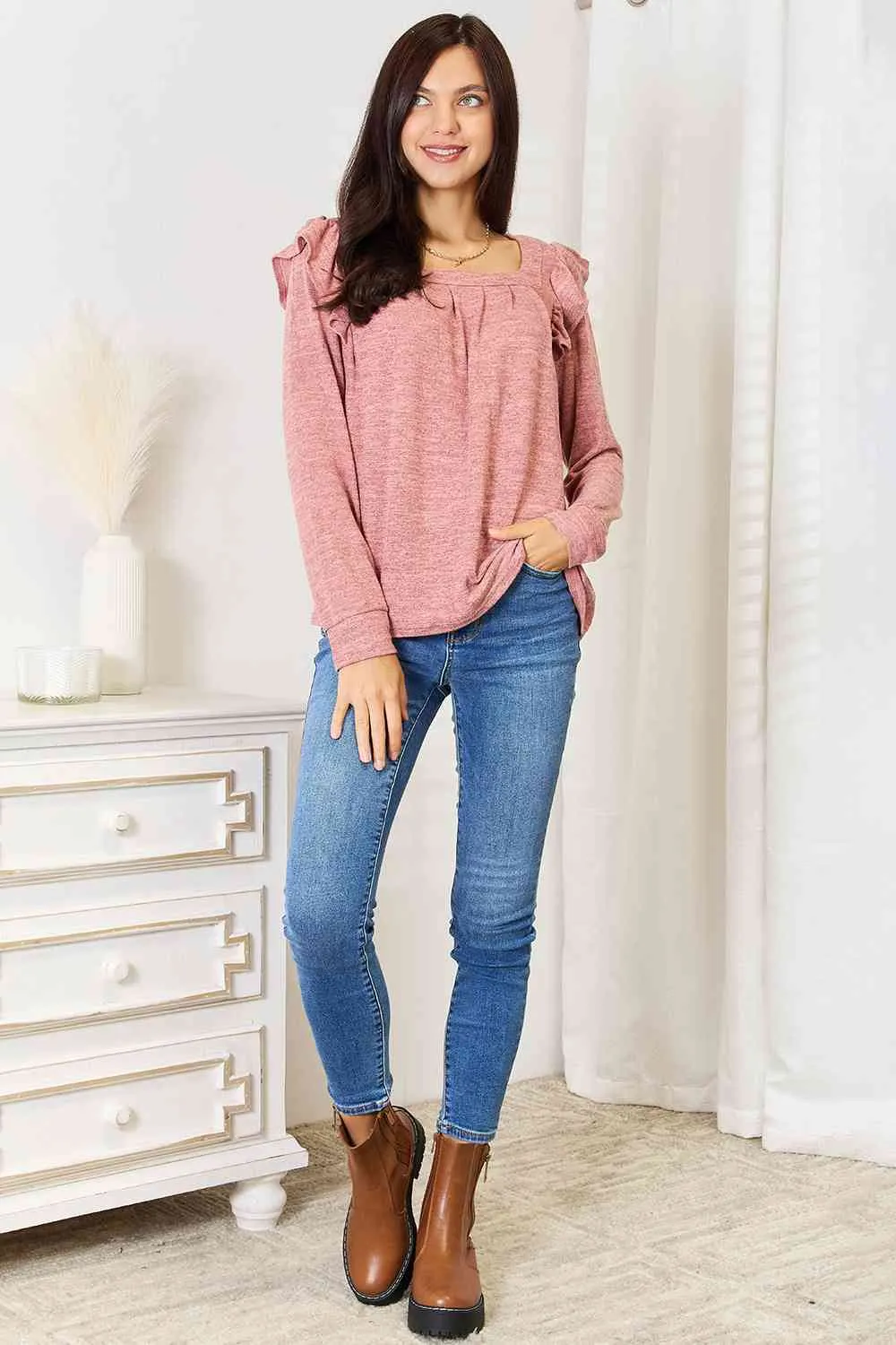 Double Take Square Neck Ruffle Shoulder Long Sleeve T-Shirt - 2 Colors