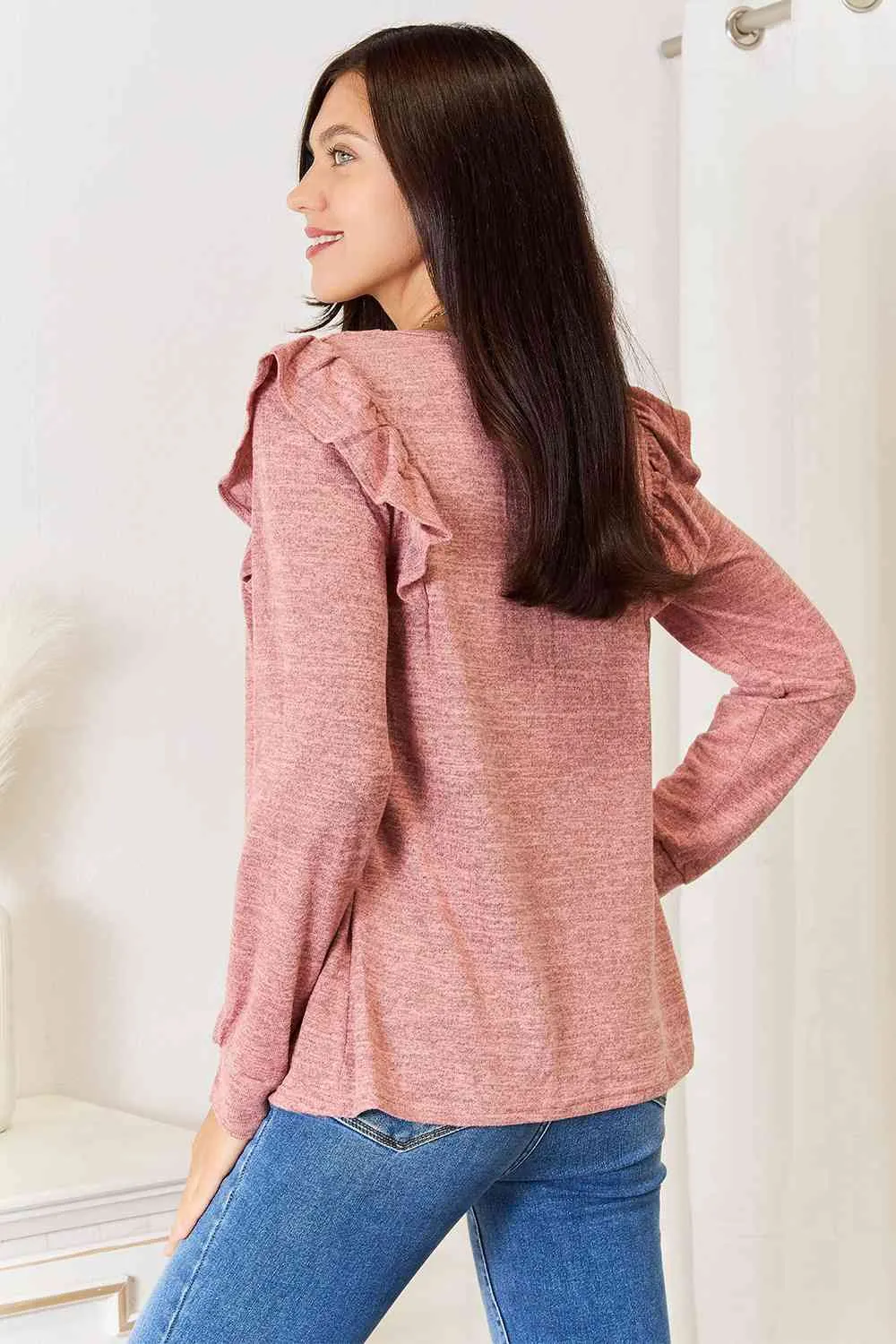 Double Take Square Neck Ruffle Shoulder Long Sleeve T-Shirt - 2 Colors