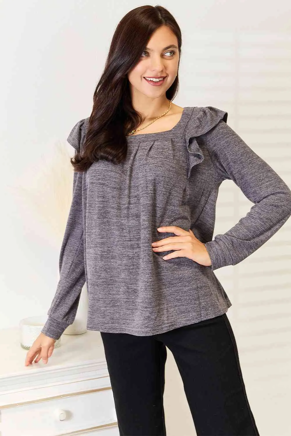 Double Take Square Neck Ruffle Shoulder Long Sleeve T-Shirt - 2 Colors