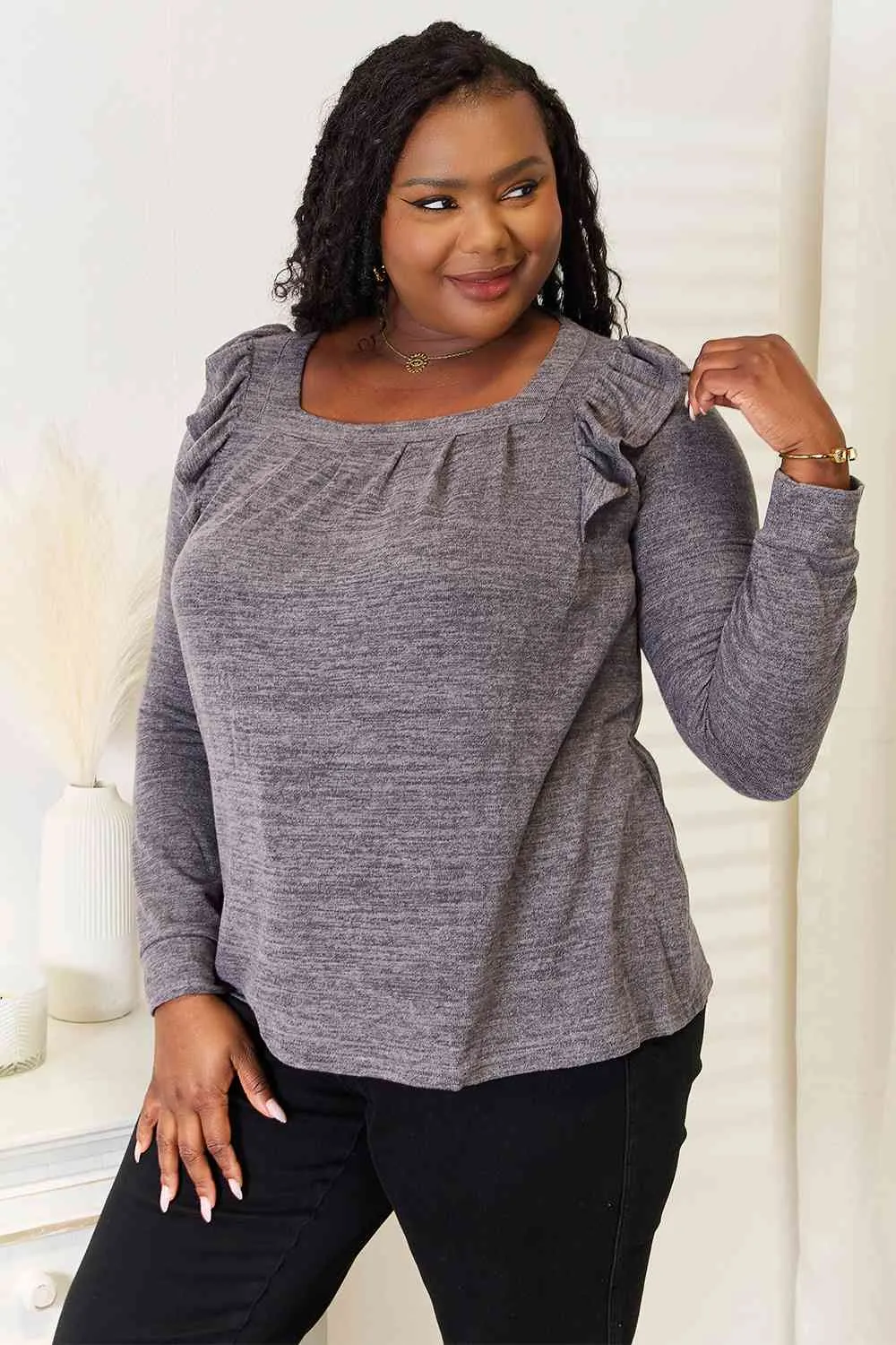 Double Take Square Neck Ruffle Shoulder Long Sleeve T-Shirt - 2 Colors