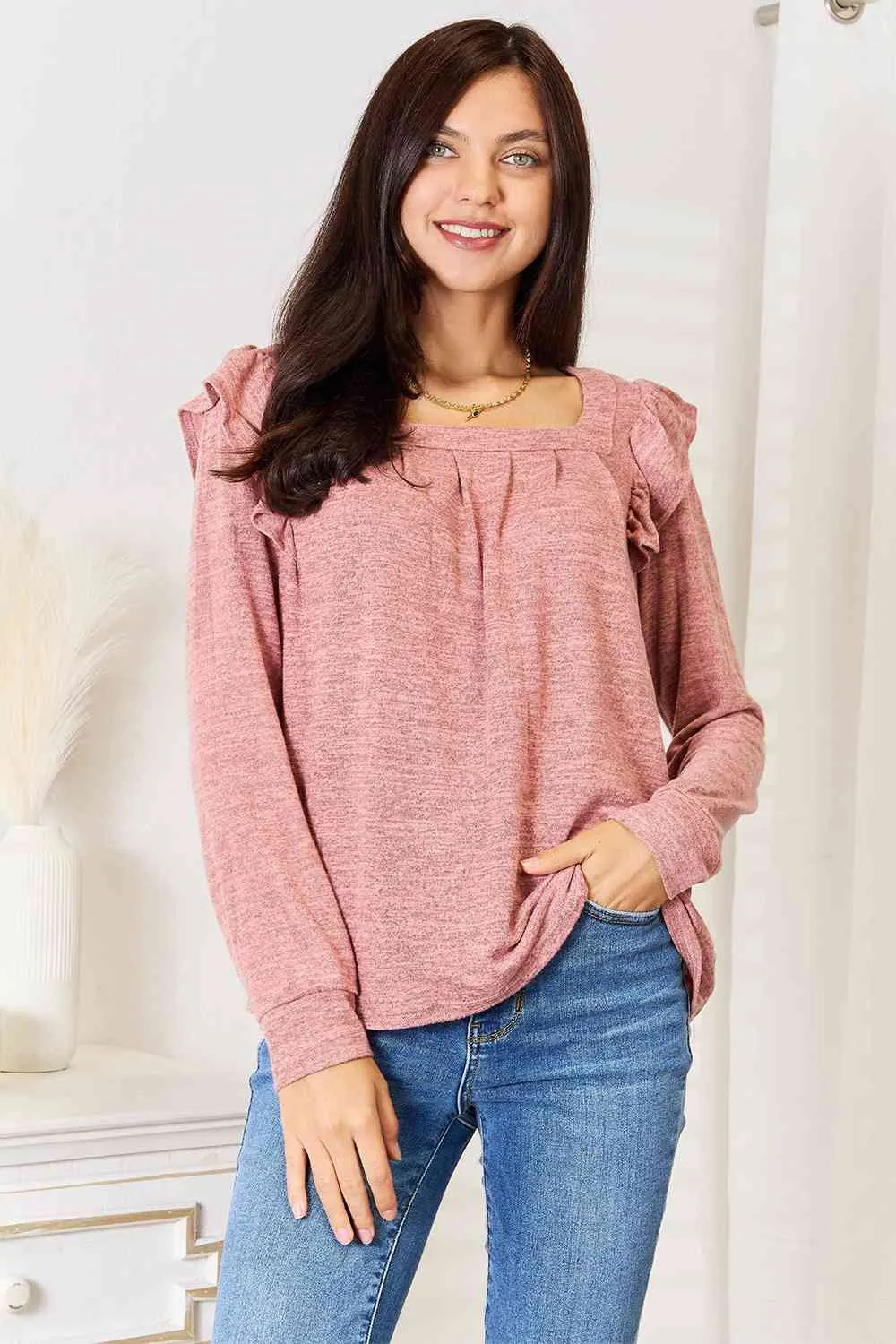 Double Take Square Neck Ruffle Shoulder Long Sleeve T-Shirt - 2 Colors