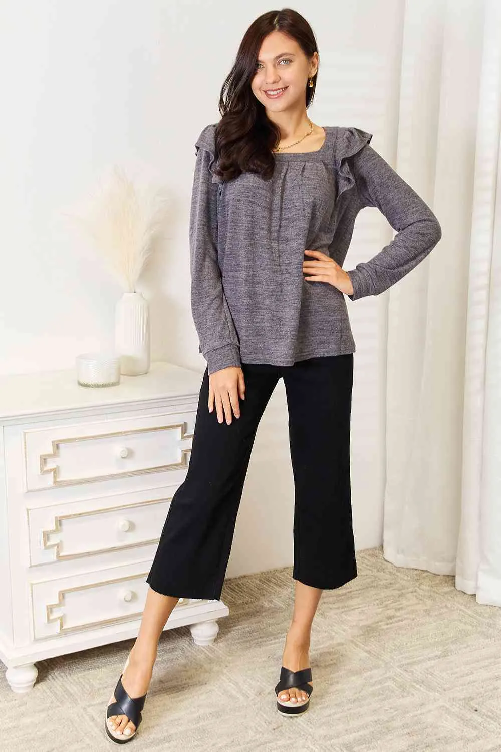 Double Take Square Neck Ruffle Shoulder Long Sleeve T-Shirt - 2 Colors