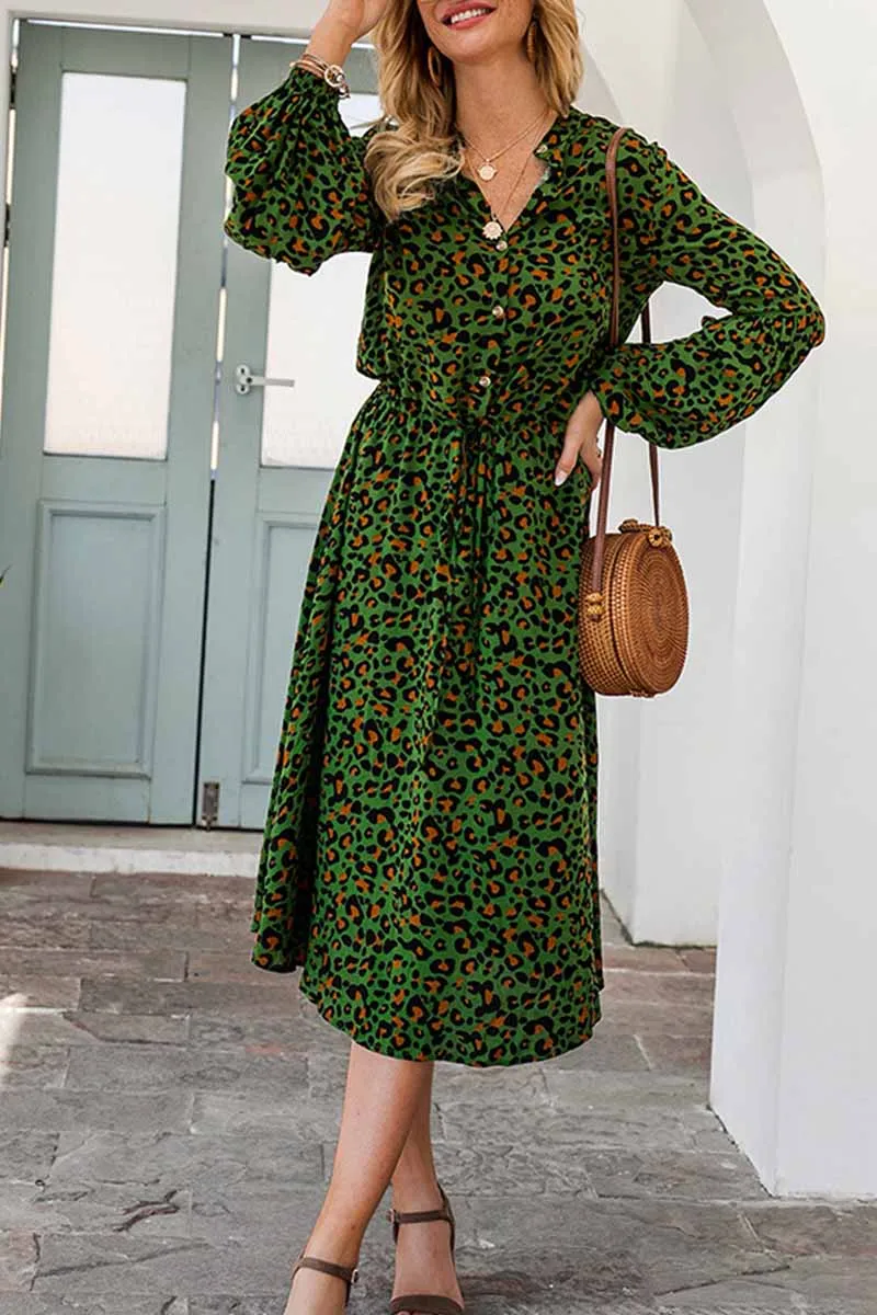 Dunnmall Leopard Print V-neck Elegant Midi Dress