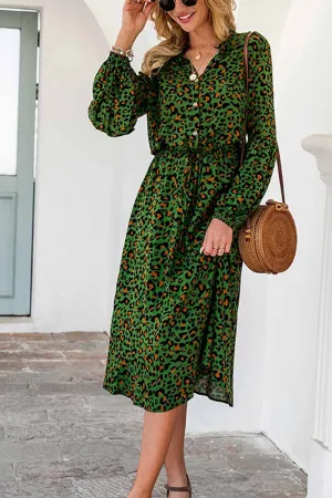 Dunnmall Leopard Print V-neck Elegant Midi Dress