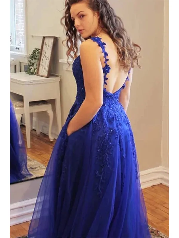 Elegant Blue Spaghetti Straps V-neck Backless Tulle A-line Long Prom Dresses, OL826