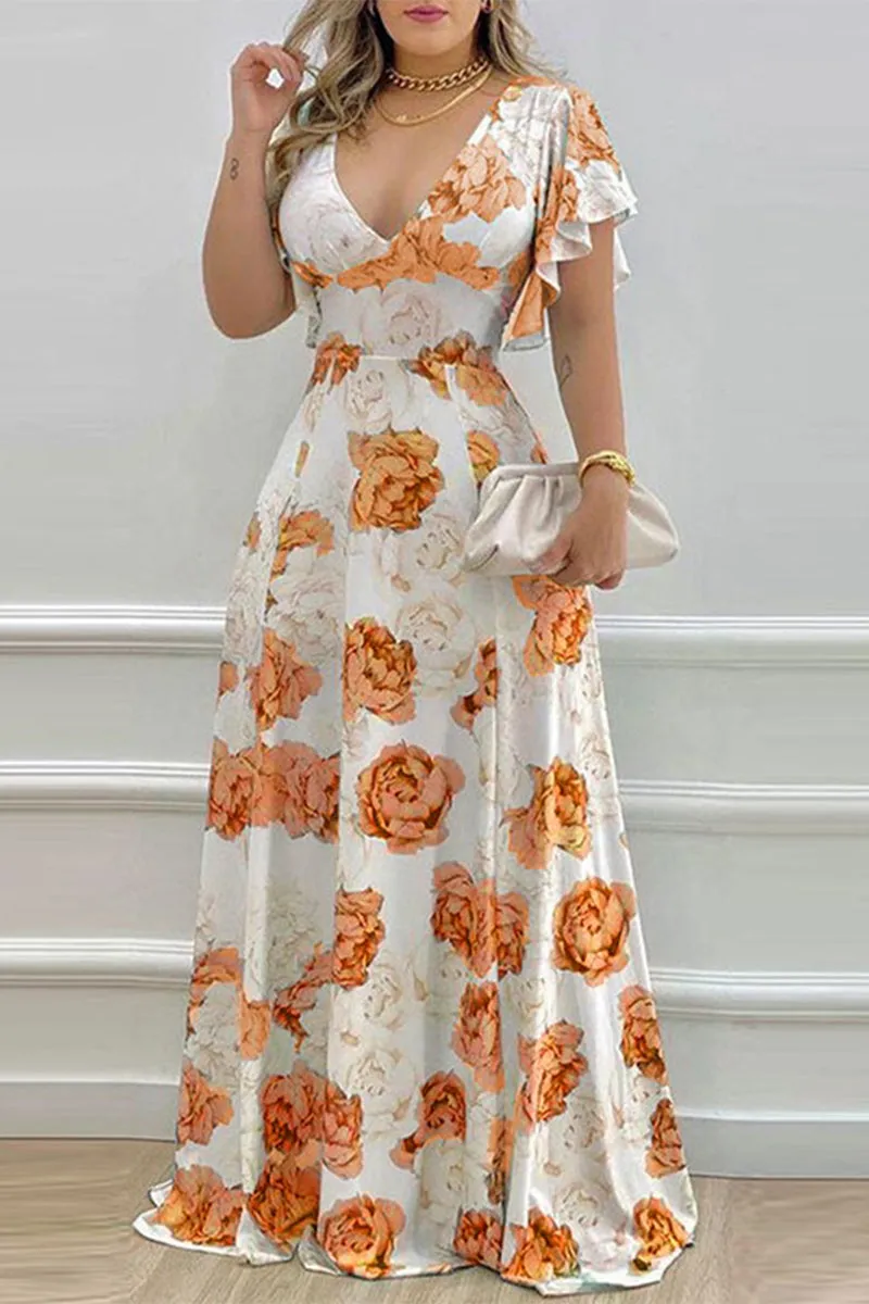 Elegant Print Flowers Flounce V Neck A Line Dresses