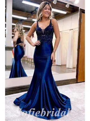 Elegant Satin Spaghetti Straps V-Neck Sleeveless Mermaid Long Prom Dresses With Beading,SFPD0724