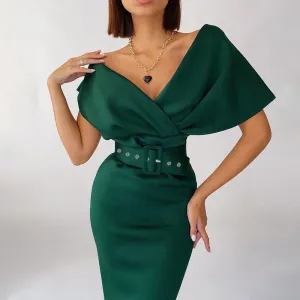 Fashionkova  V-Neck Off The Shoulder Elegant Dress For Women 2022 Summer Evening Party Bodycon Midi Dress With A Belt Black White Dresses