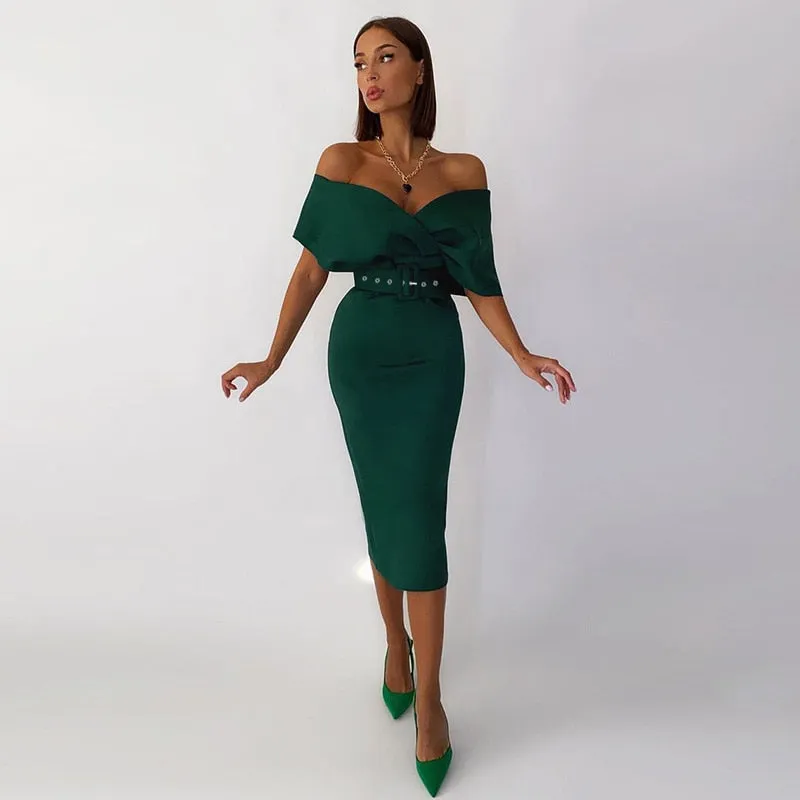 Fashionkova  V-Neck Off The Shoulder Elegant Dress For Women 2022 Summer Evening Party Bodycon Midi Dress With A Belt Black White Dresses