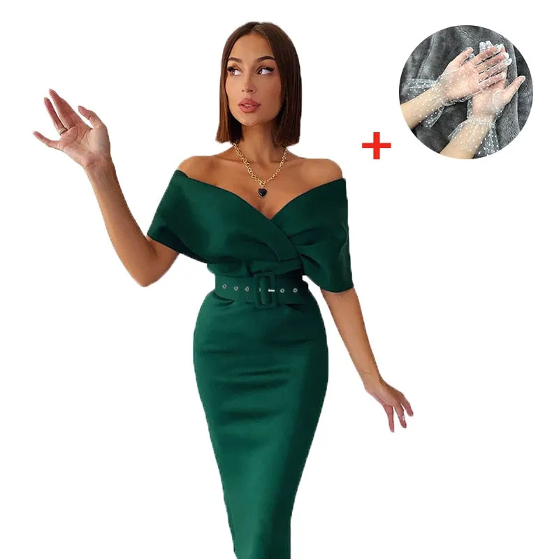 Fashionkova   White Dress Elegant Women V-Neck Evening Party Bodycon Midi Dress With A Belt Summer Off Shoulder Birthday Prom Tight Dresses