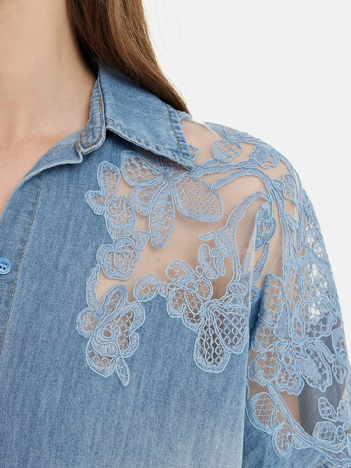 Floral Lace Panel Denim Shirt