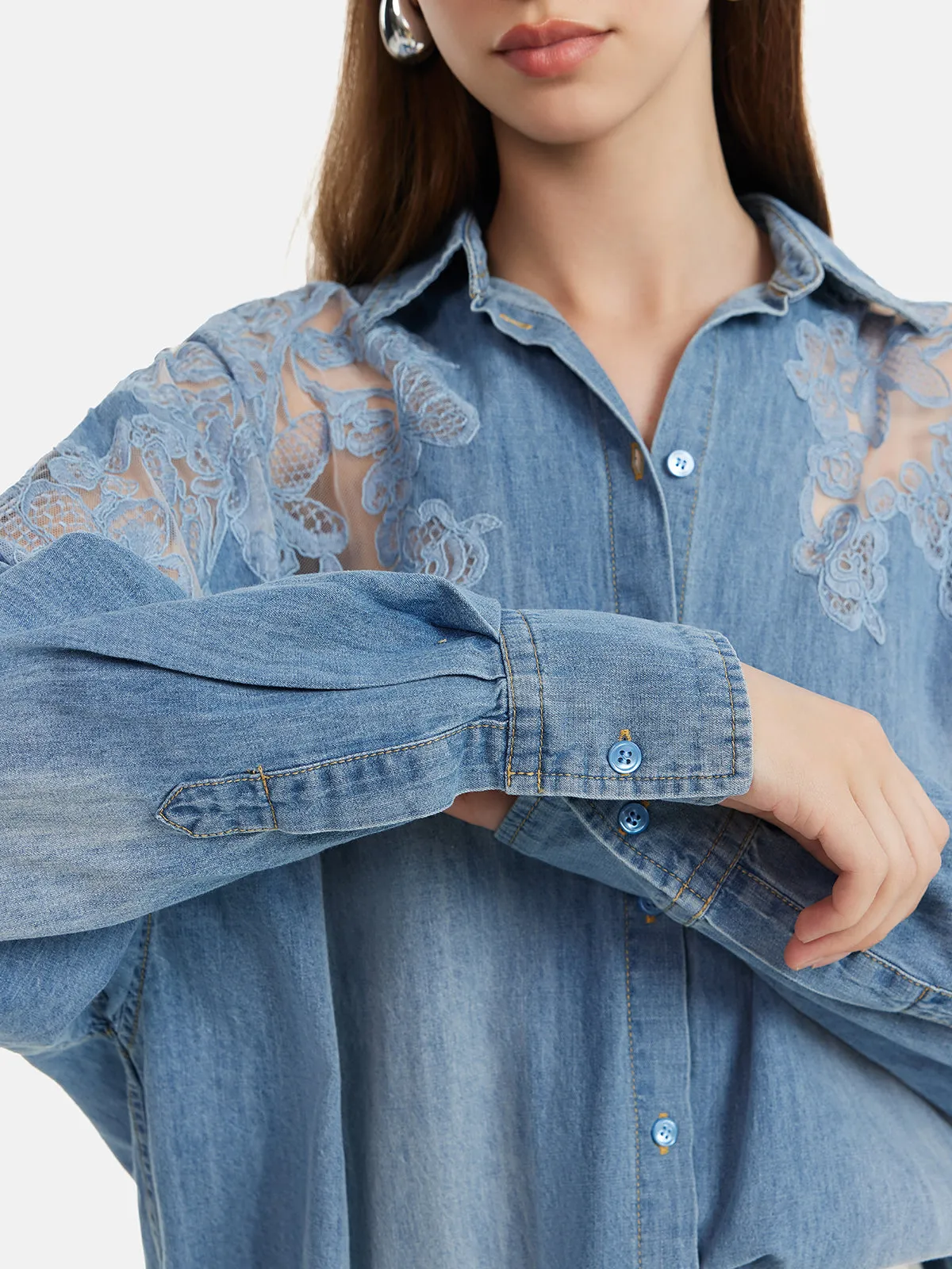 Floral Lace Panel Denim Shirt