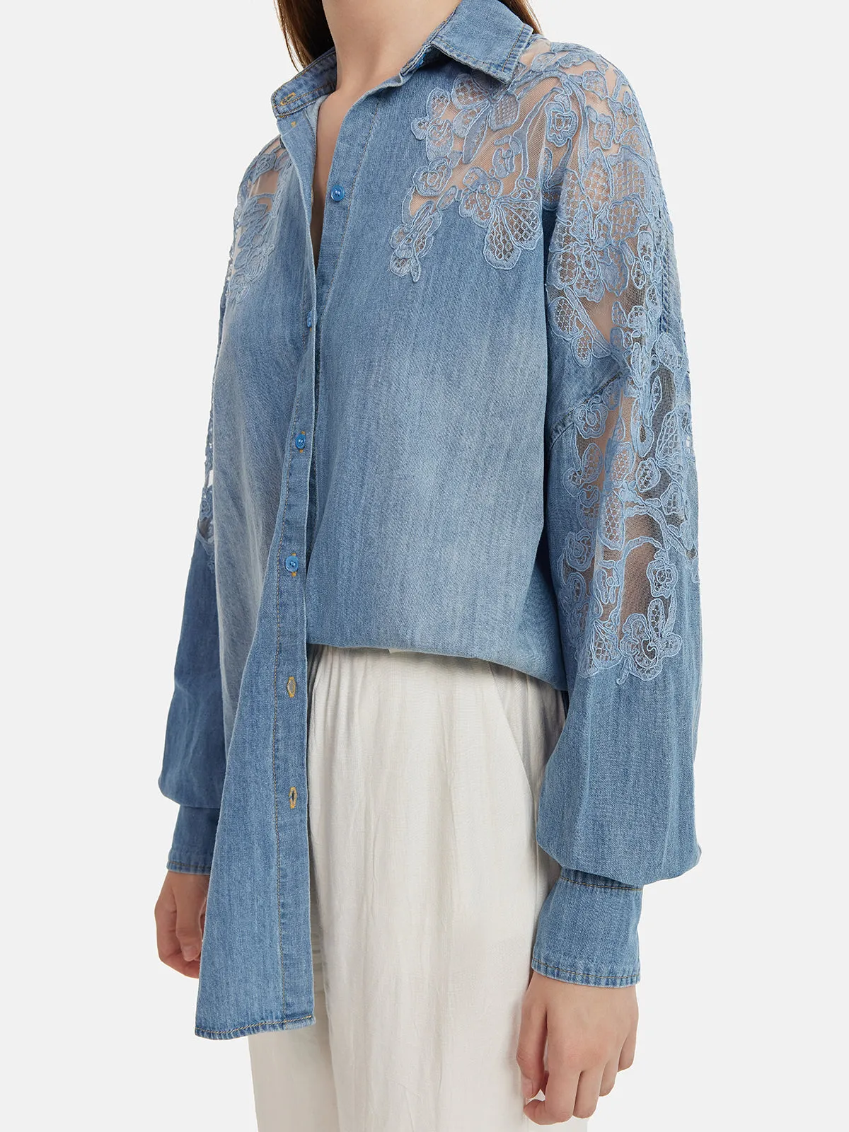 Floral Lace Panel Denim Shirt