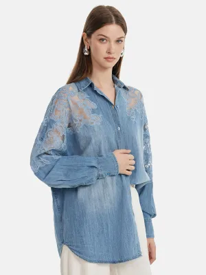 Floral Lace Panel Denim Shirt