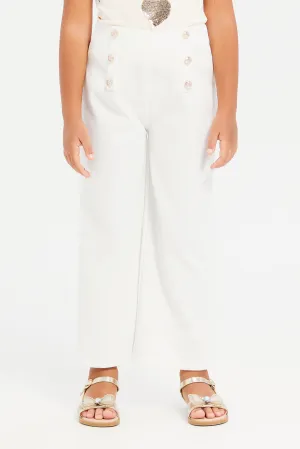 Girls White Casual Buttoned Trousers