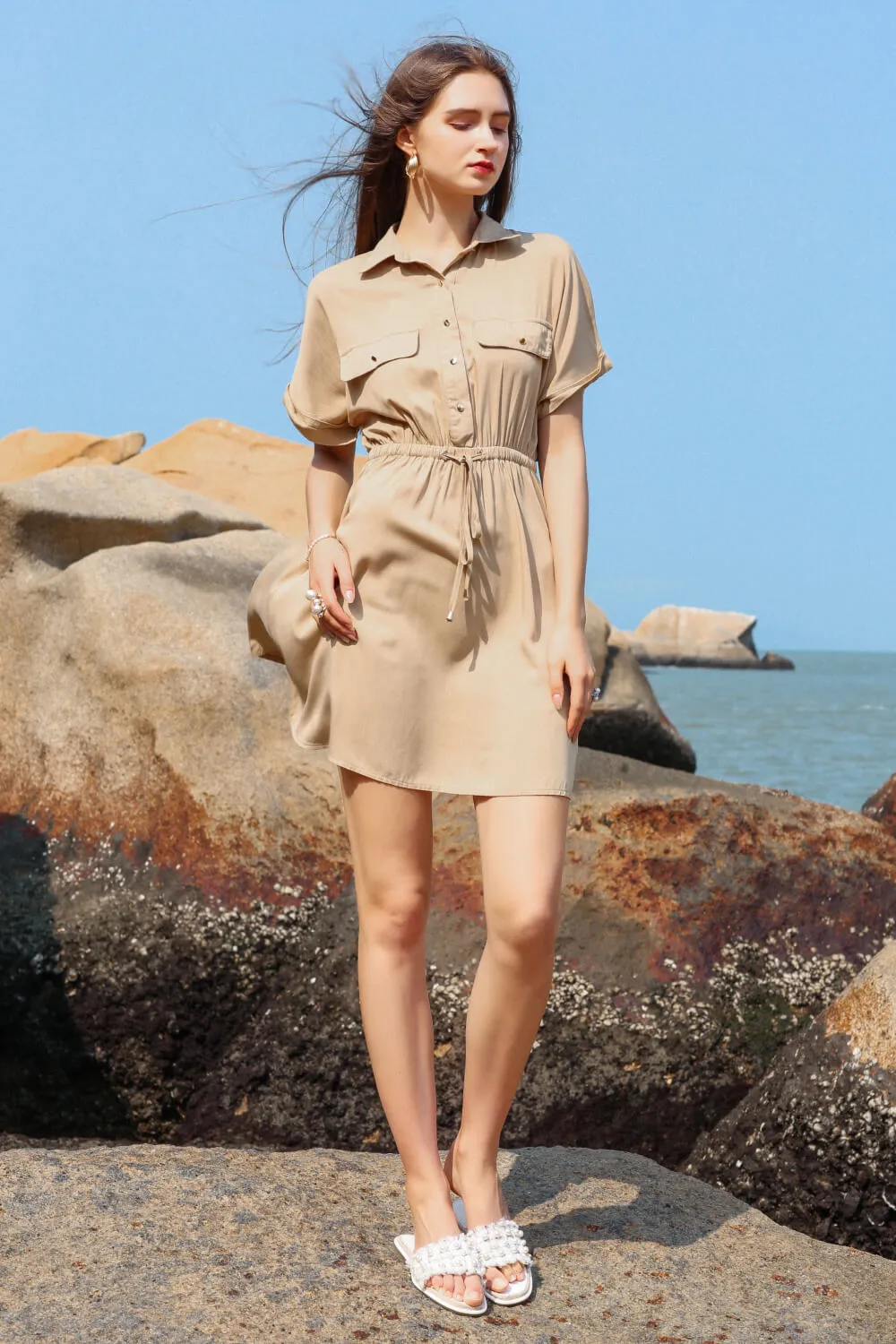 Half Button Drawstring Waist Short Sleeve Shirt Dress