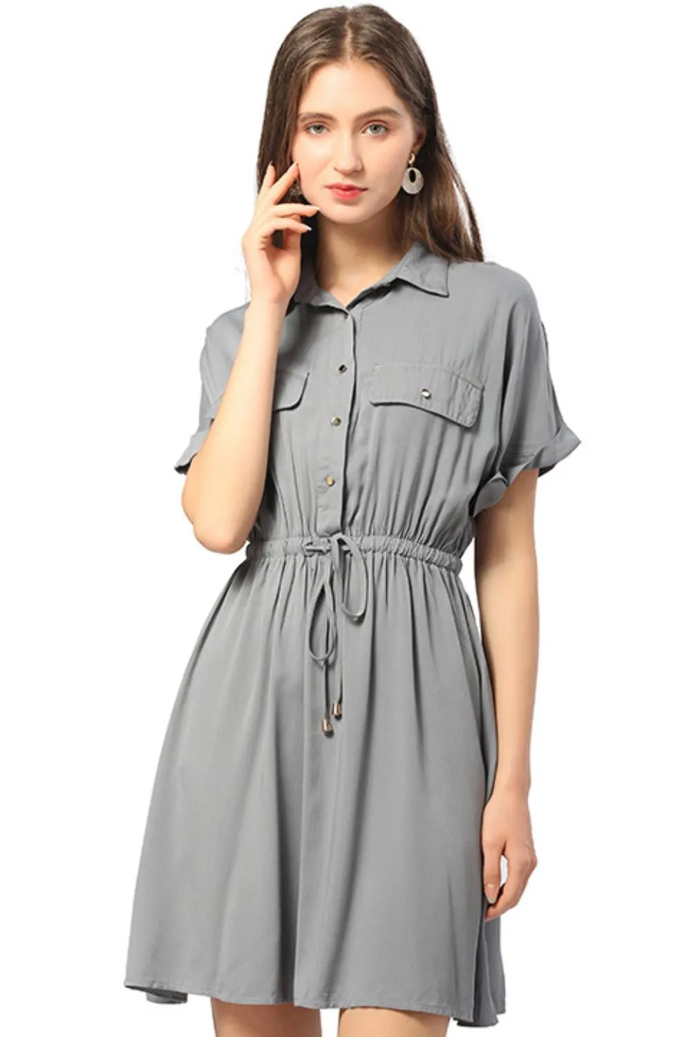 Half Button Drawstring Waist Short Sleeve Shirt Dress