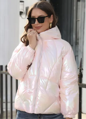 Iridescent Pink Shiny Hooded Puffer Coat