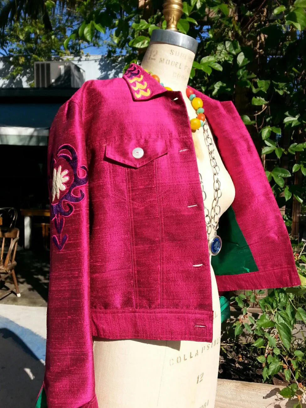 Jean Jacket Vintage Suzani Embroidery Raspberry Emerald