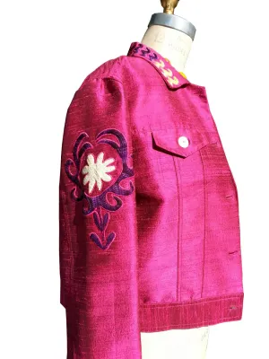 Jean Jacket Vintage Suzani Embroidery Raspberry Emerald