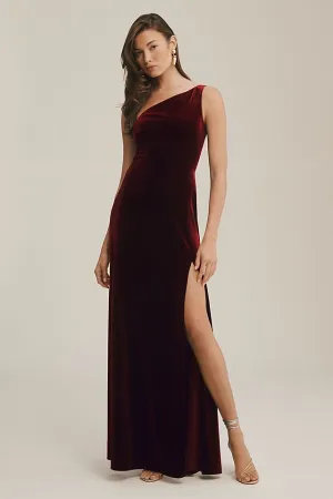 Jenny Yoo Cybill Elastic One Shoulder Velvet Dress with Side Slit dark berry