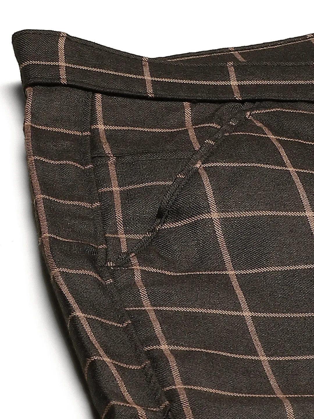 Men's Cotton Blend Black & Beige Checked Formal Trousers - Sojanya