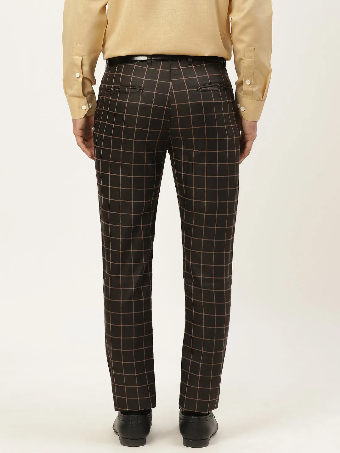 Men's Cotton Blend Black & Beige Checked Formal Trousers - Sojanya