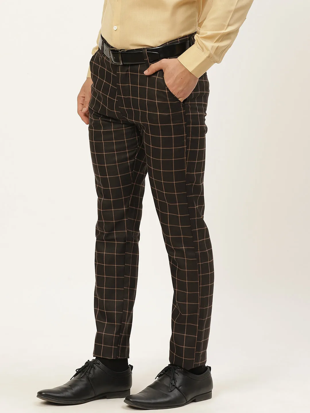 Men's Cotton Blend Black & Beige Checked Formal Trousers - Sojanya