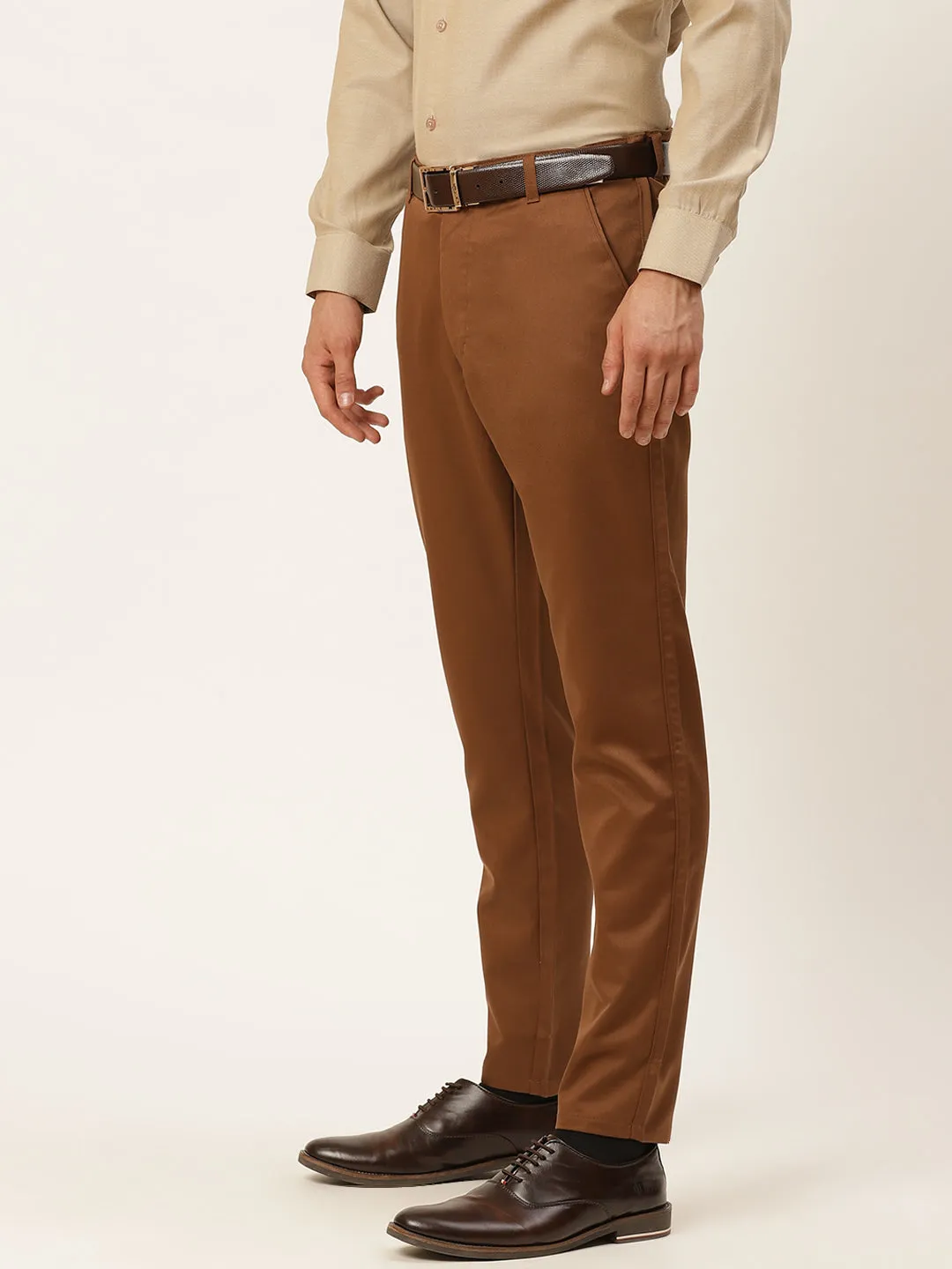 Men's Cotton Blend Dark Brown Solid Formal Trousers - Sojanya